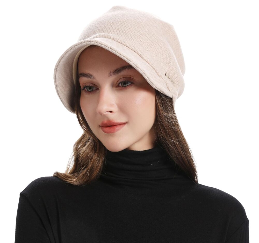 4086 Slouchy Beanie with Short Visor Brim Double Layer Lining Knit Skull